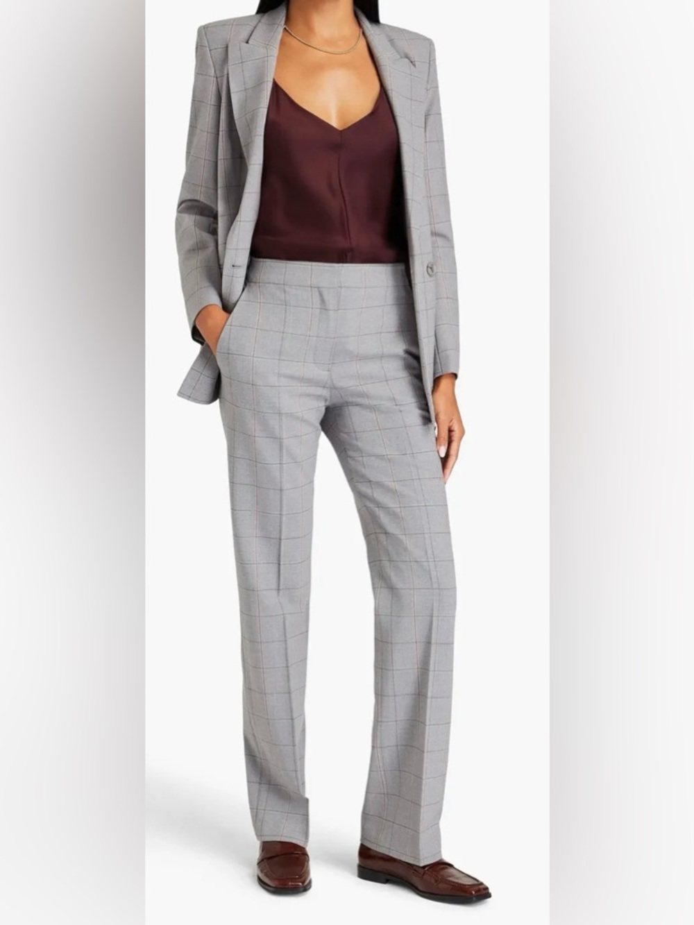 Maje Plaid Pant Grey Checkered Wool Blend Straight Leg Preppy Office Business M